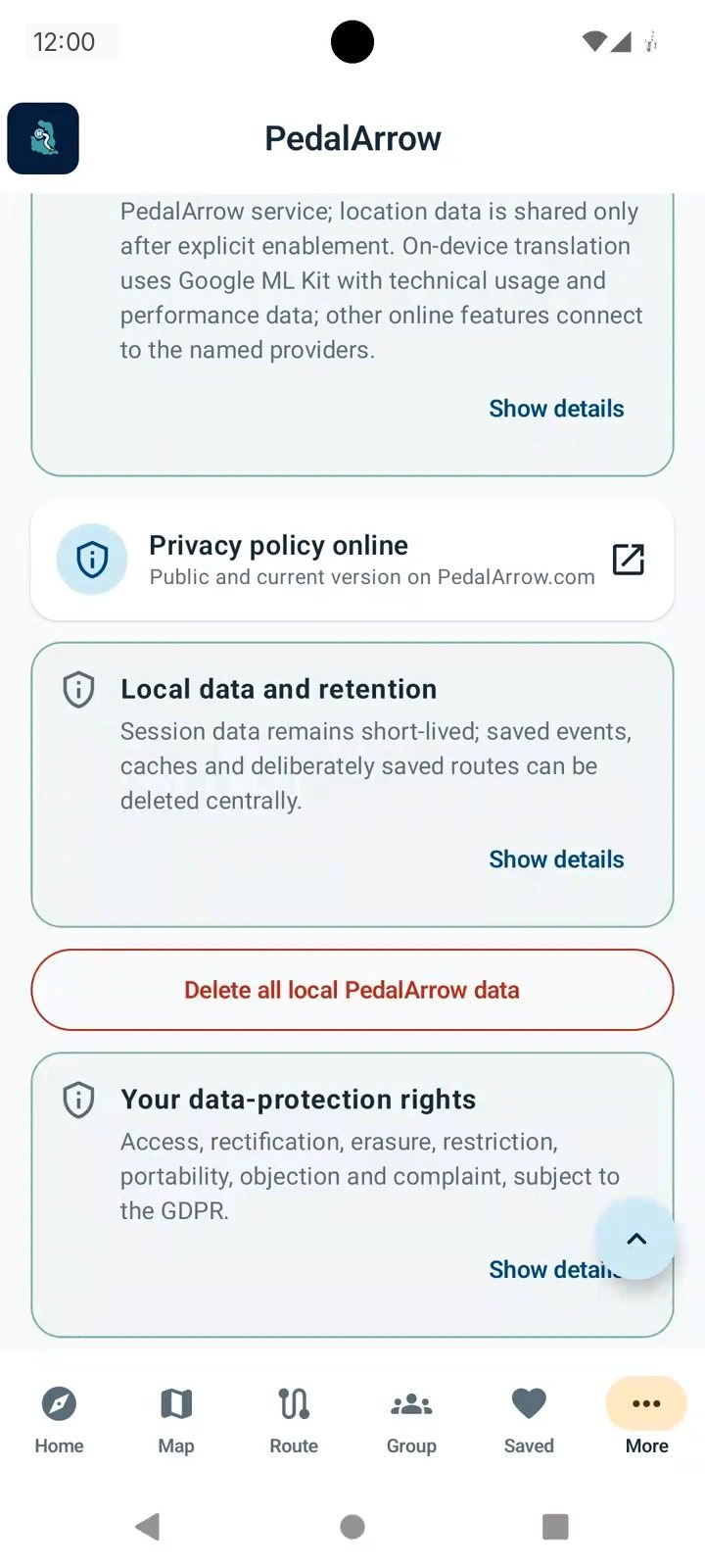 Android, privacy section: local data and retention, a button to delete all local PedalArrow data, your privacy rights.