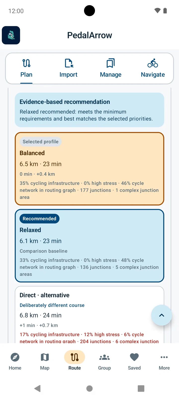 Android, Compare routes in Augsburg: evidence-based recommendation Relaxed, below it the selected profile Balanced with 6.5 km in 23 min, the recommended route Relaxed with 6.1 km in 23 min and the alternative Direct with 6.8 km in 24 min.