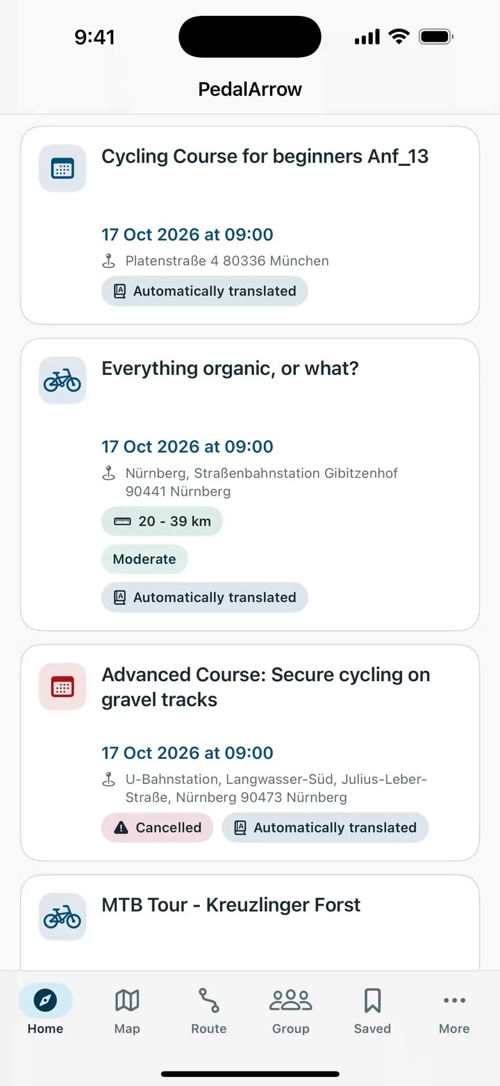 Home, Discover for Bavaria: live events by date, including a cycling course for beginners in Munich, the Nuremberg tour Everything organic, or what?, a cancelled advanced gravel course and the MTB tour Kreuzlinger Forst, each marked Automatically translated.