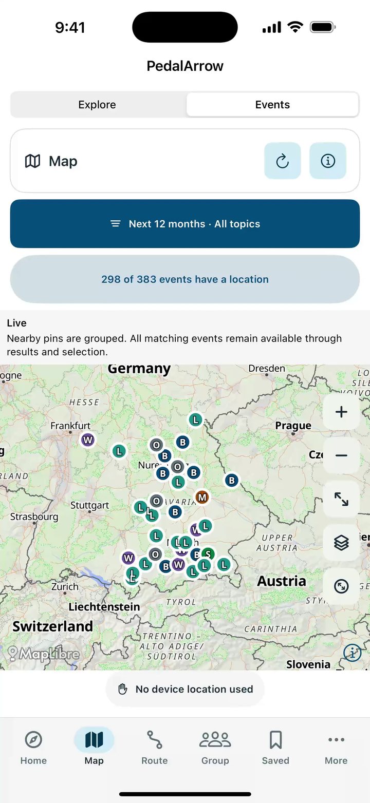 iPhone, map in the Events area: 298 of 383 events in the next twelve months have a location on a map of all of Bavaria, each pin with the letter of its category, nearby events grouped, below it the note: No device location used.