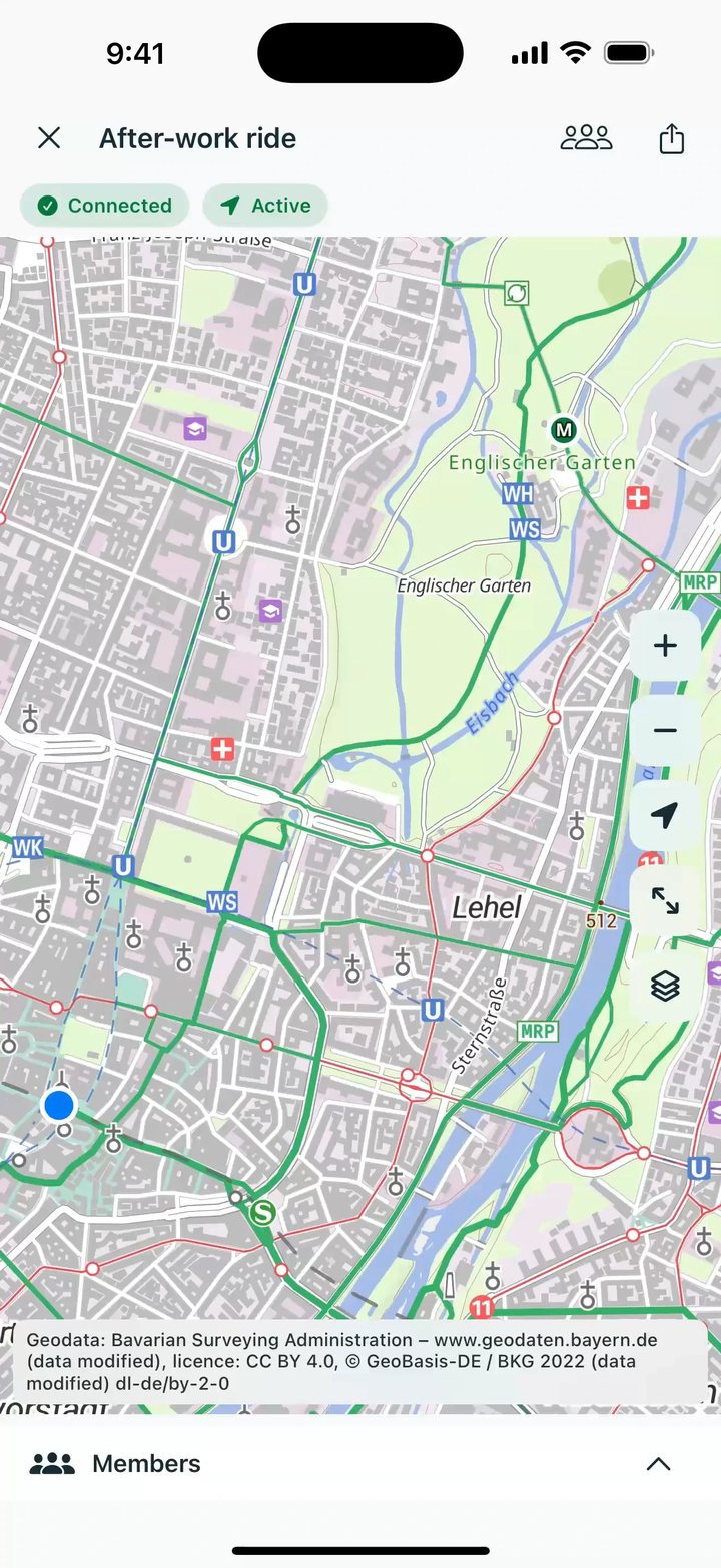 Group map of the after-work ride: connected and active, own location at Marienplatz and the meeting point at the Chinese Tower in the English Garden.