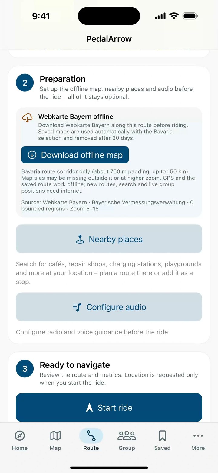 Navigation preparation: download Webkarte Bayern offline, nearby places and audio settings, below it Ready to navigate with Start ride.
