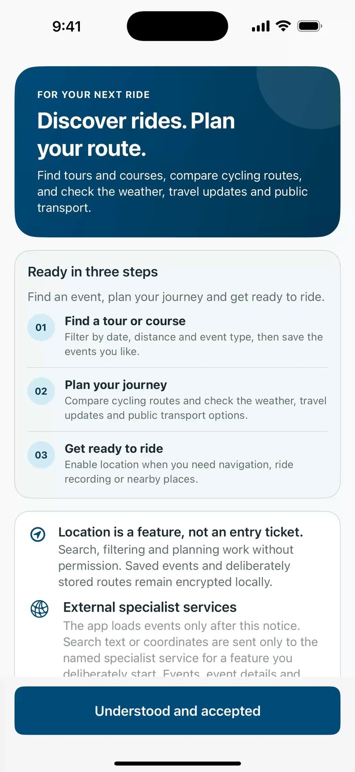 First-run notice: Discover rides. Plan your route. Ready in three steps, and: Location is a feature, not an entry ticket.