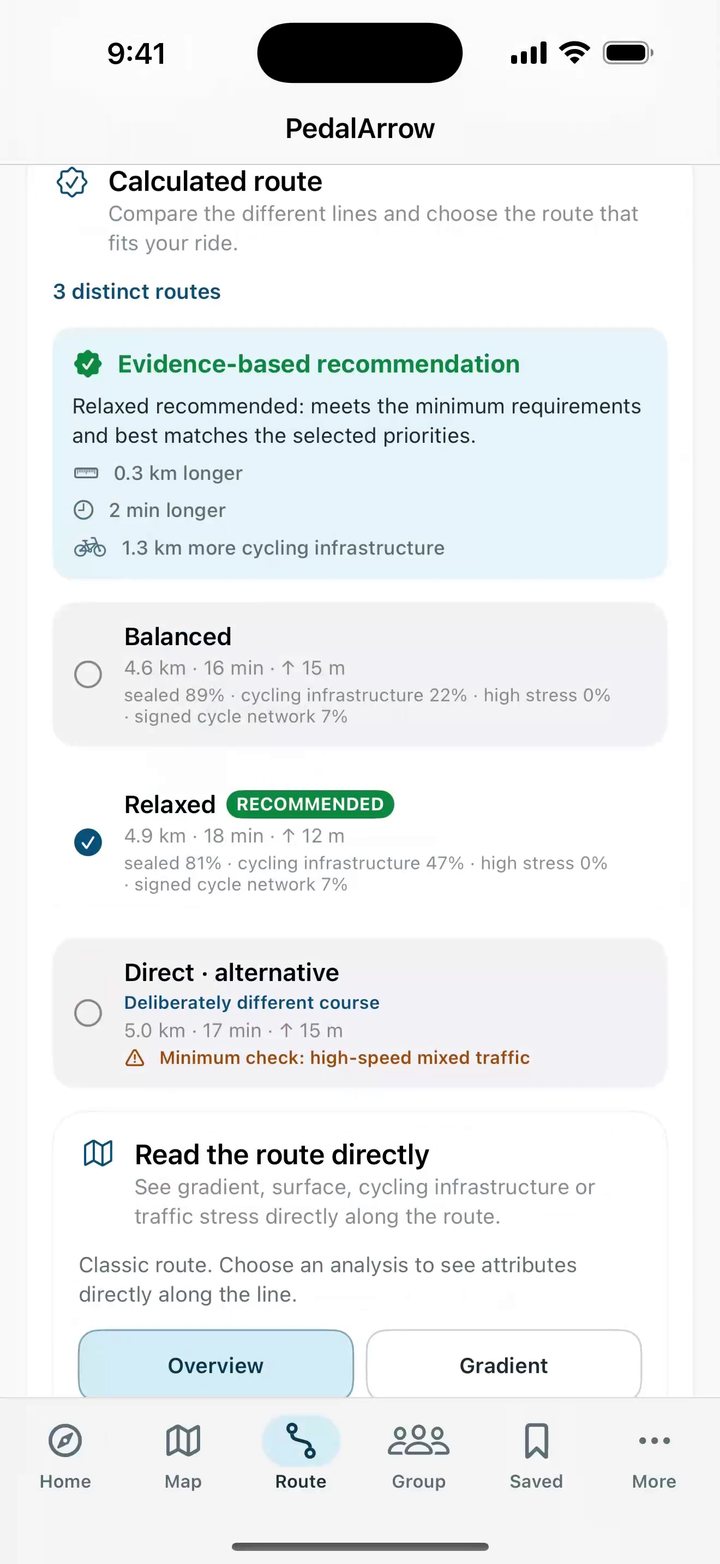 Calculated route from Regensburg central station to Donaupark with three distinct routes and an evidence-based recommendation: Relaxed recommended, 0.3 km and 2 min longer but 1.3 km more cycling infrastructure.