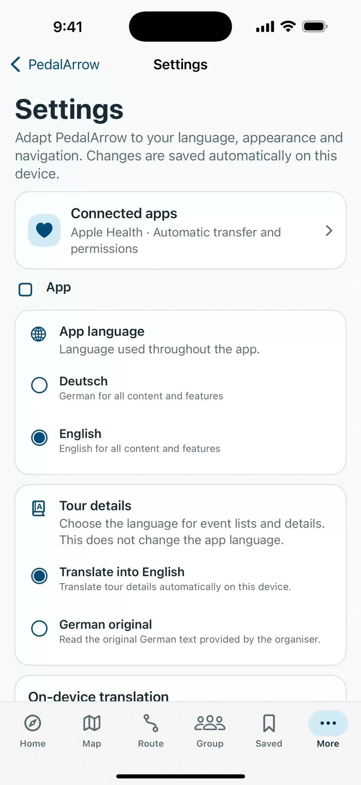 Settings: connected apps with Apple Health, app language Deutsch or English, and on-device translation of tour details.