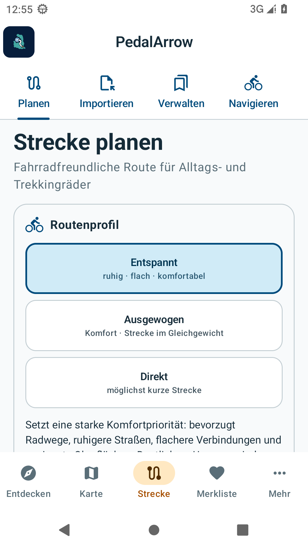 PedalArrow zeigt die Routenprofile Entspannt, Ausgewogen und Direkt